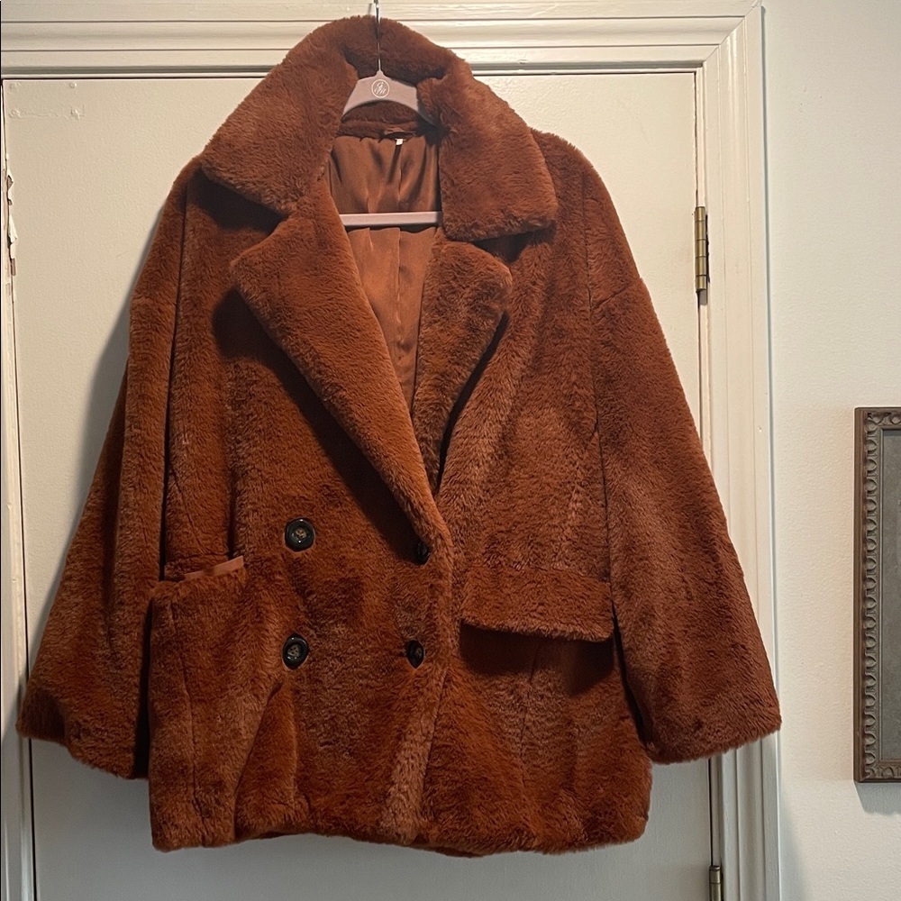 Free People Rust/Copper Soft Plush Faux Fur Double Breasted Teddy Jacket